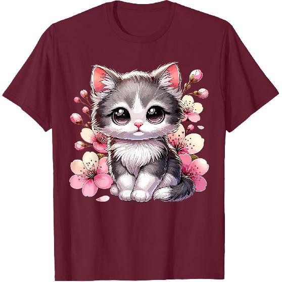Cute Cat with Cherry Blossoms Cat T-Shirt