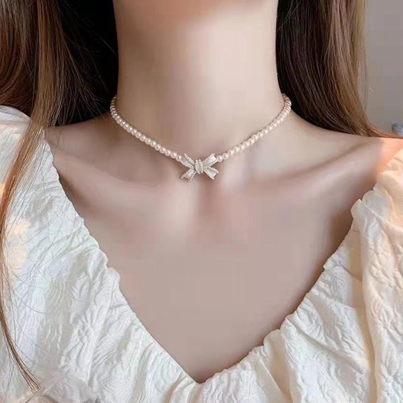 Trend Elegant Jewelry Wedding White Oil Bow Pendant Necklace For Women White Imitation Pearl Choker Necklace N0430