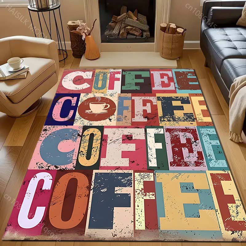 Retro Coffee Letters Print Carpet for Living Room Bedroom Bedside Sofa Floor Mat Modern Home Decor Area Rug Large Size