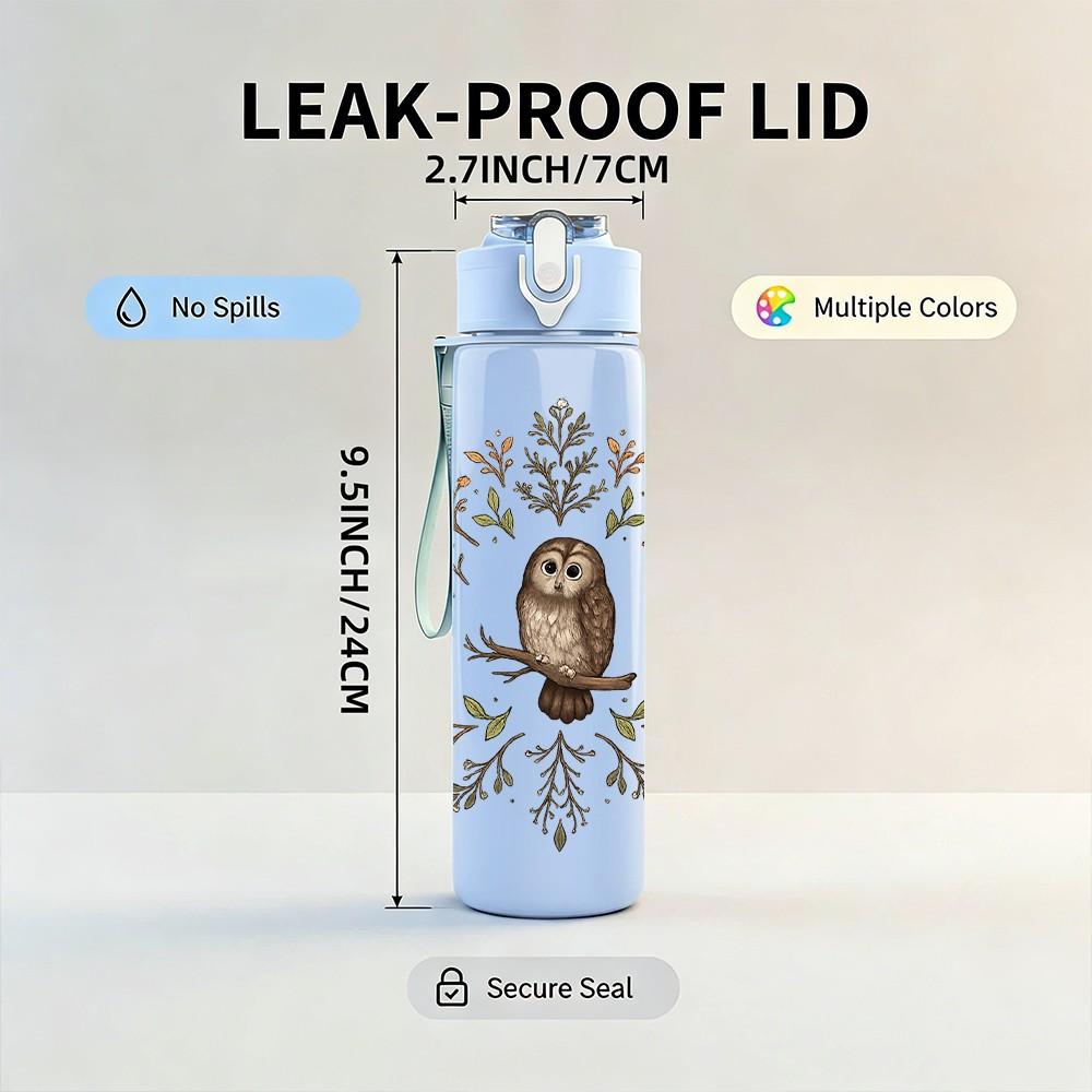 1PC Owl Autumn Leaf Wreath Print 750ml Color Plastic Sports Water Bottle Leakproof Flip Straw Lid Suitable for Sports Office Home Use