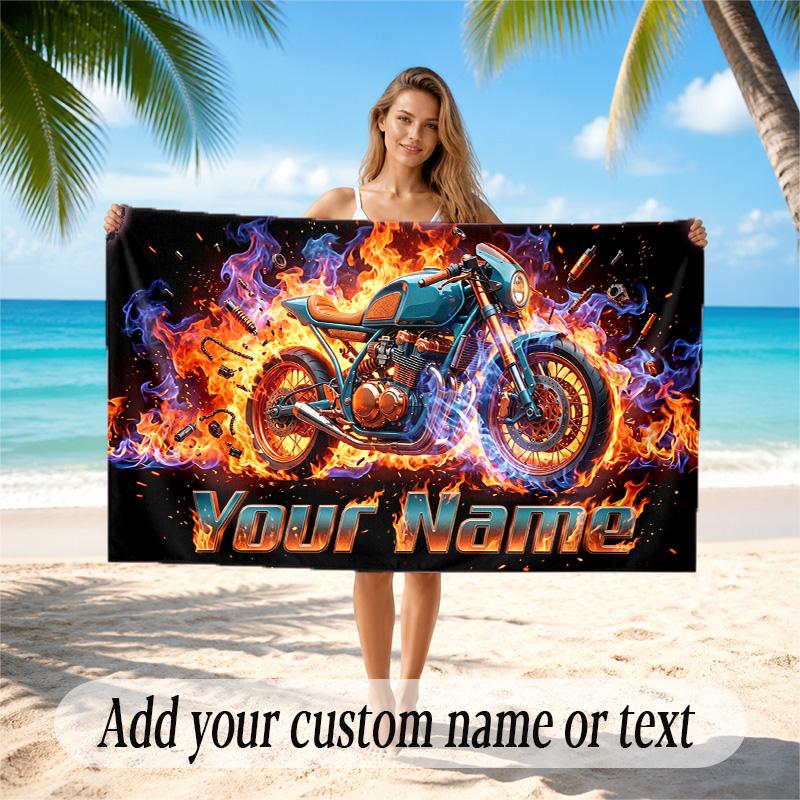 Motorcycle Biker Theme Quick Dry Beach Towel Custom Name Text Print Large Sand Resistant Towel Beach Vacation