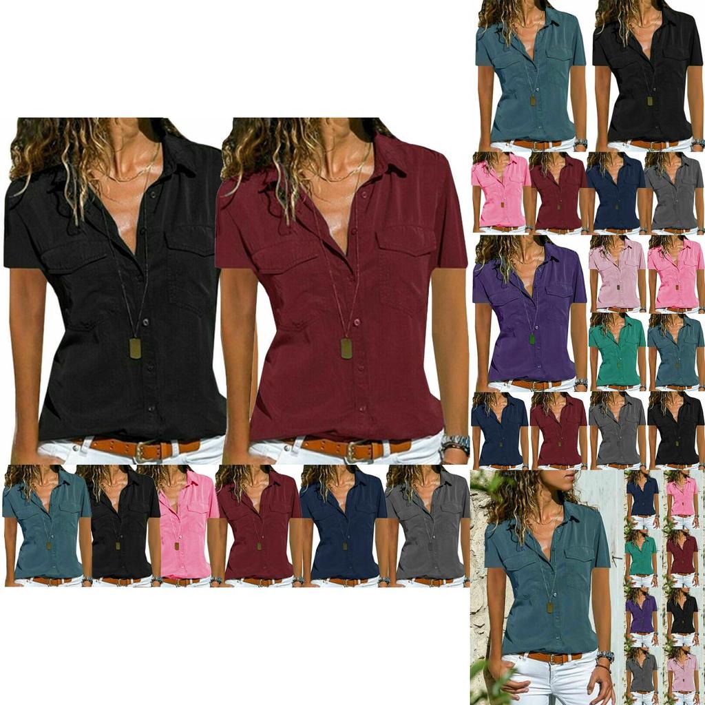 Women V Neck Short Sleeve Shirt Blouse Ladies Summer Tshirt Tops Tee Size Plus
