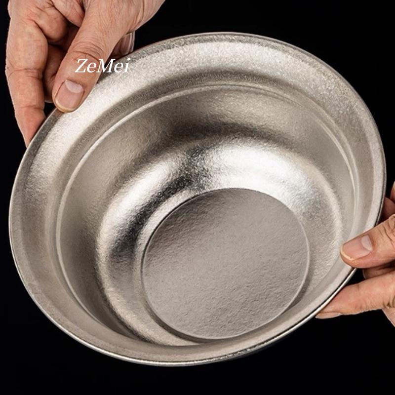 Pure Titanium Double-Layer Insulated Soup Bowl, Large Size Silver-Gray Texture Home Pasta Tableware Storage Titanium Salad Bowl