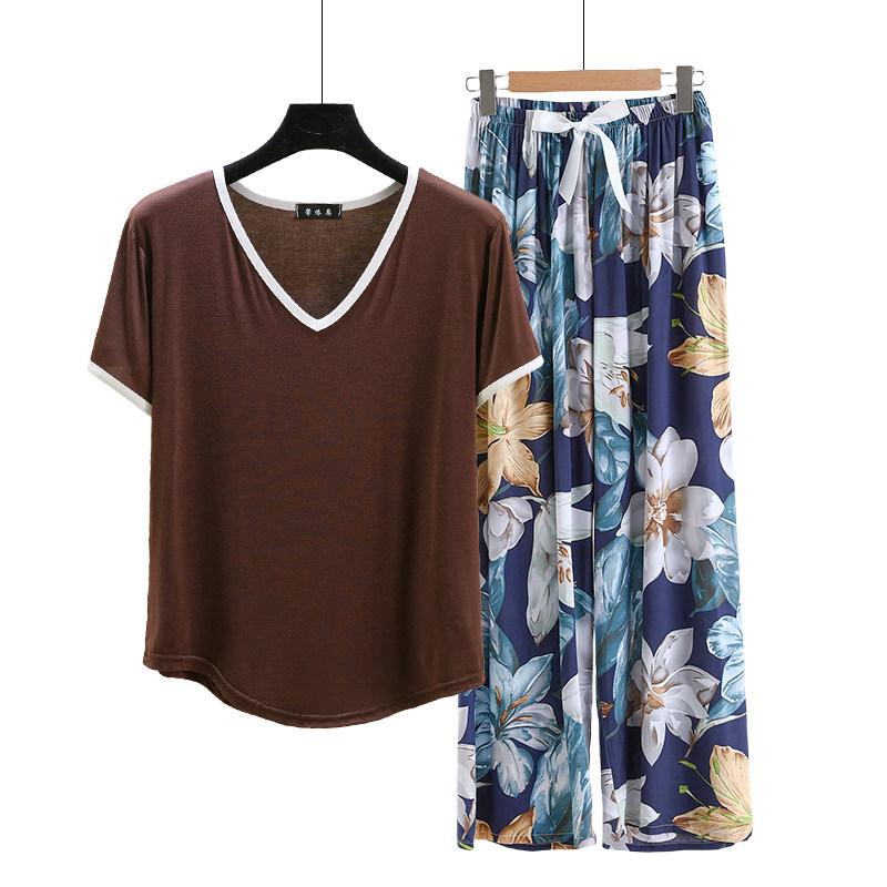 Modal Loungewear V-Neck color-block Tshirt and Floral Wide leg pants Summer Thin Pajamas sets Casual Plus size Homewear 2pcs suit Comfort clothing