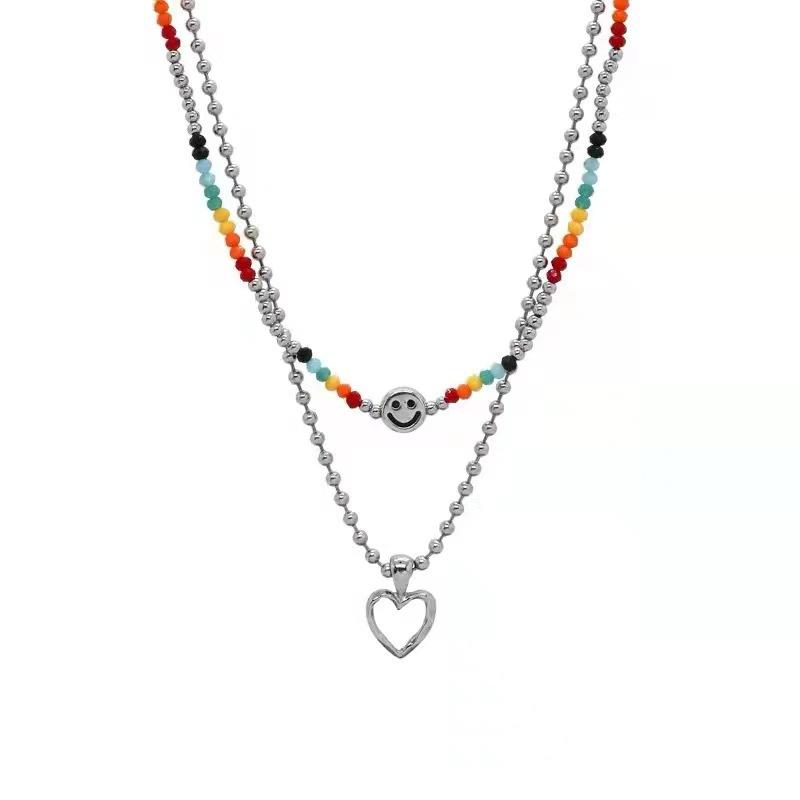 

Двойное ожерелье, женское цветное ожерелье со смайликом и бисером, нишевая цепочка для свитера, ожерелье Spice Girl, аксессуары