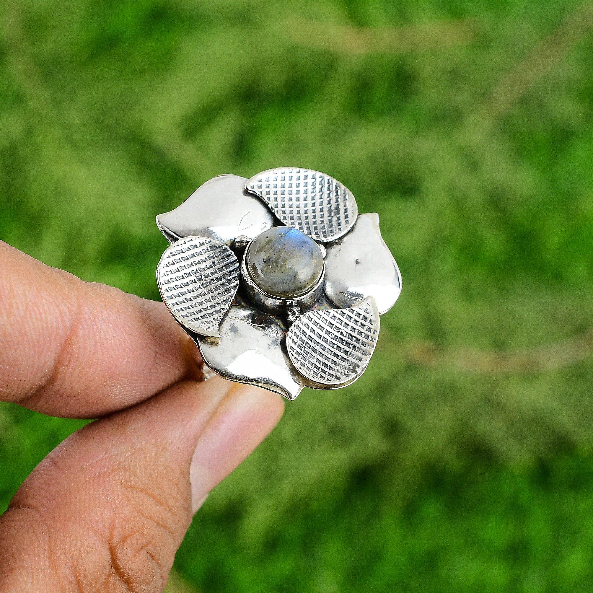 

Круглое кольцо-заявление из стерлингового серебра 925 пробы с натуральным лабрадоритом и мультикамнями в виде цветка Adjustable