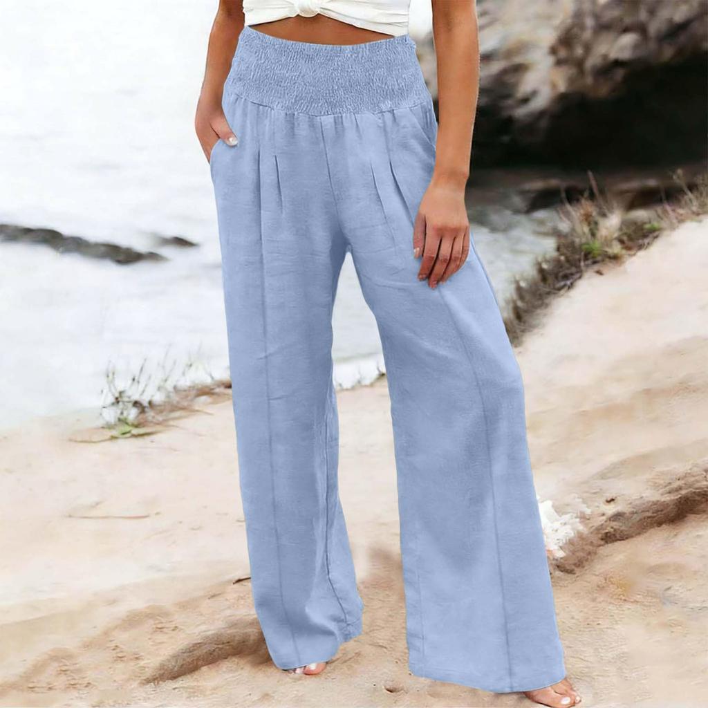 Women's Casual Fashion Cotton Linen Elastic Waist Pants With Pockets