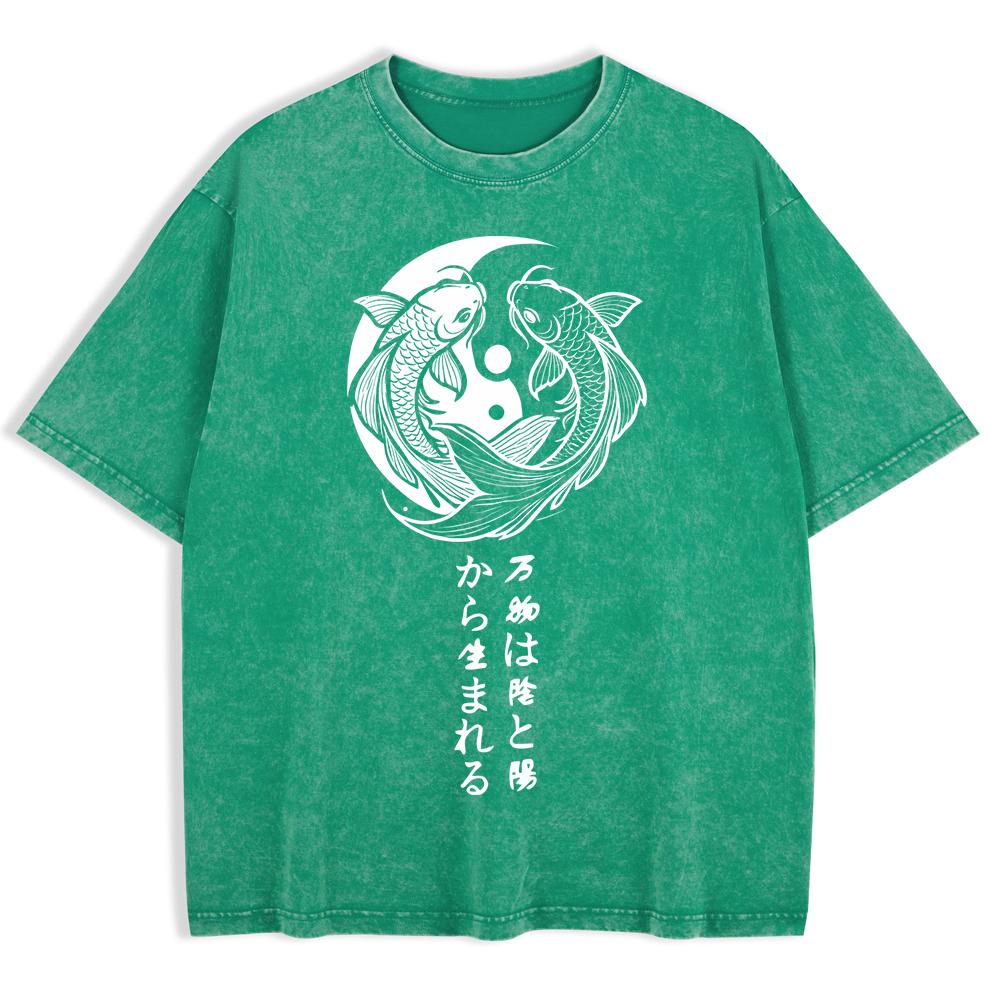 Japanese Koi Harajuku Printed Washed T-Shirts Mens Cotton Oversize T Shirt Summer O-Neck Short Sleeve Tops Clothes