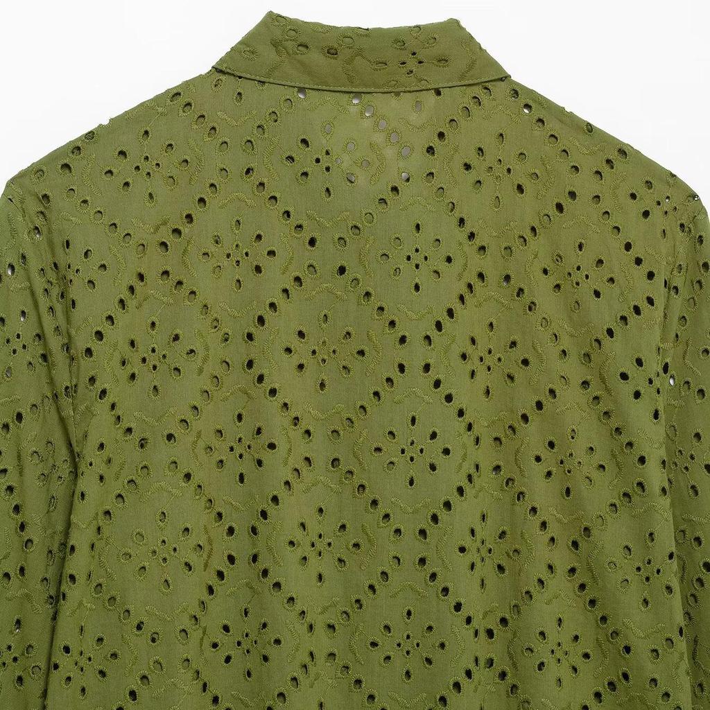 2025 Lato Damska Haftowana Ażurowa Koszula Casual z Klapami - Styl Europejski i Amerykański