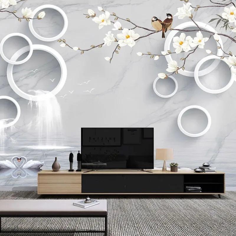 3d Marble Wallpaper Waterfalls Circle Flowers Birds Wall Mural Living Room Tv Sofa Bedroom Fresco