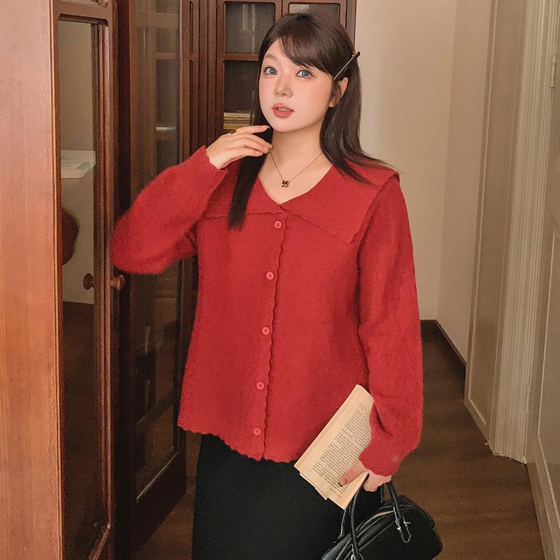 Übergröße Damen Temperament Puppenkragen Langarm Locker Gestrickte Strickjacke