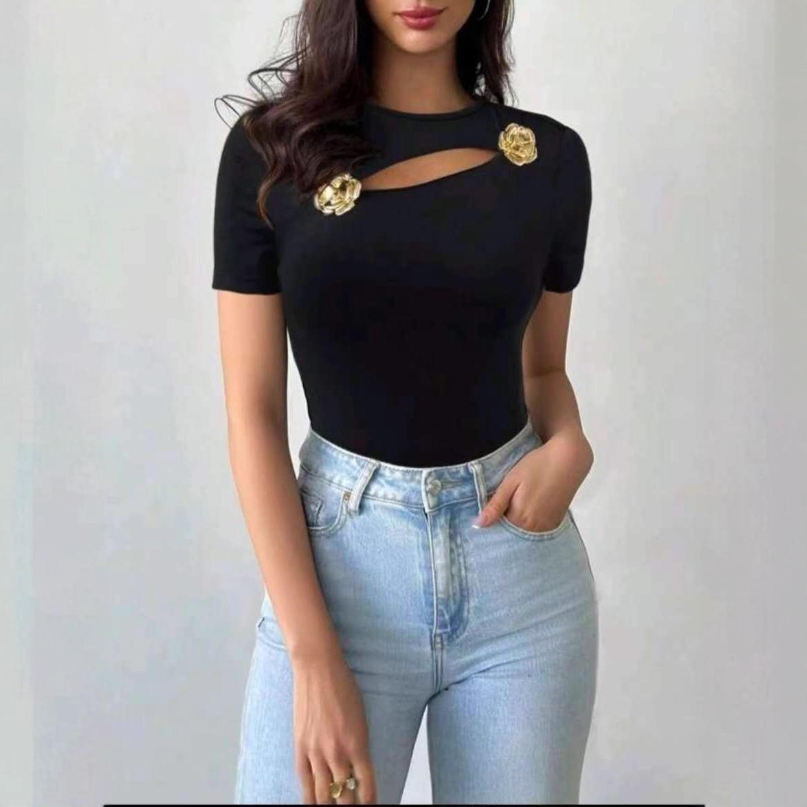 New Summer Women s Hollow Out Decorated Short Sleeve Black Slim Fit T-Shirt S чёрный