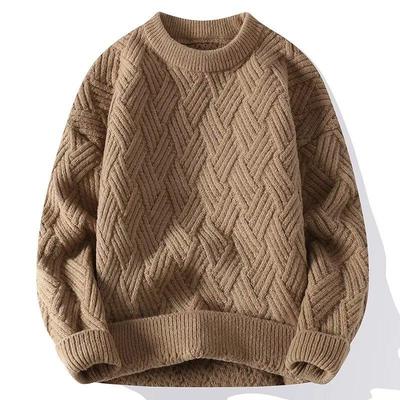 Men's Solid Color Loose Round Neck Sweater - Casual Braided Knit for Autumn and Winter