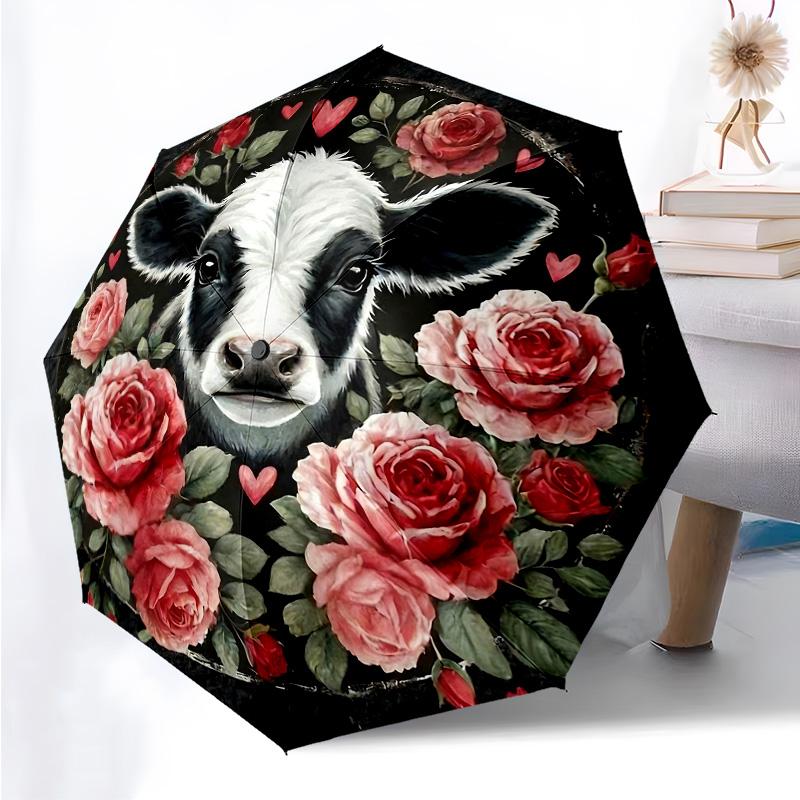 Highland Cattle Pattern Folding Umbrella Fashion Auto-Open 8 Iron Ribs Plastic Handle Foldable Sunshade Perfect Christmas Gifts