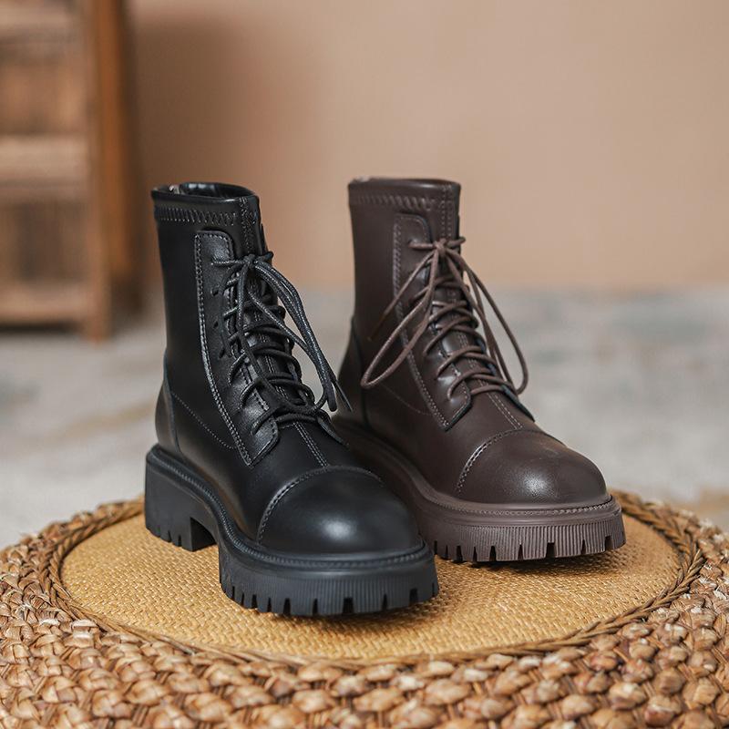 Martinky dámské podzimní malé na silné podrážce šněrovací zadní zip vnitřní zvýšení výšky britské krátké boty zvýšení výšky vysoký podpatek