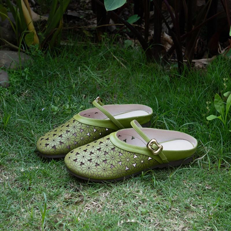 Johnature Genuine Leather Hollow-out Breathable Flat Slippers Soft Soled Versatile Women's Slip-on Shoes