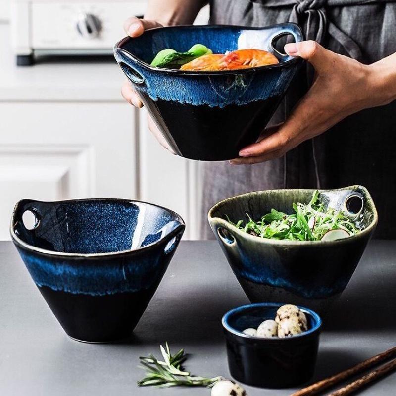 Japanese Korean Kiln-changed Glaze Starry Sky Ceramic Tableware Household Fruit Salad Bowl Double-ear Soup Bowl Ramen Bowl