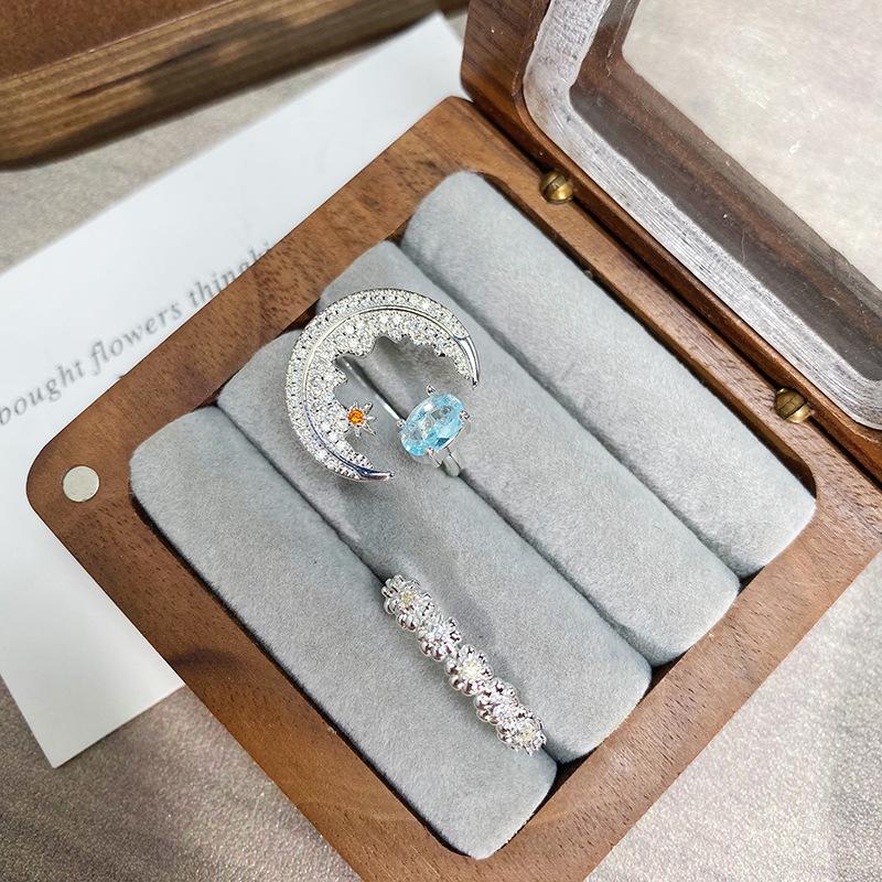 Micro-Inlaid Zircon Moon Star Colored Treasure Open Ring Niche Temperament Light Luxury High-End Butterfly Flower Ring Woman