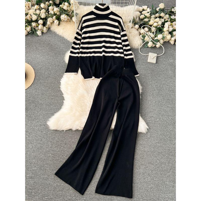 Idle Style Winter Clothing Matching Stripes Knitting Turtleneck Tops