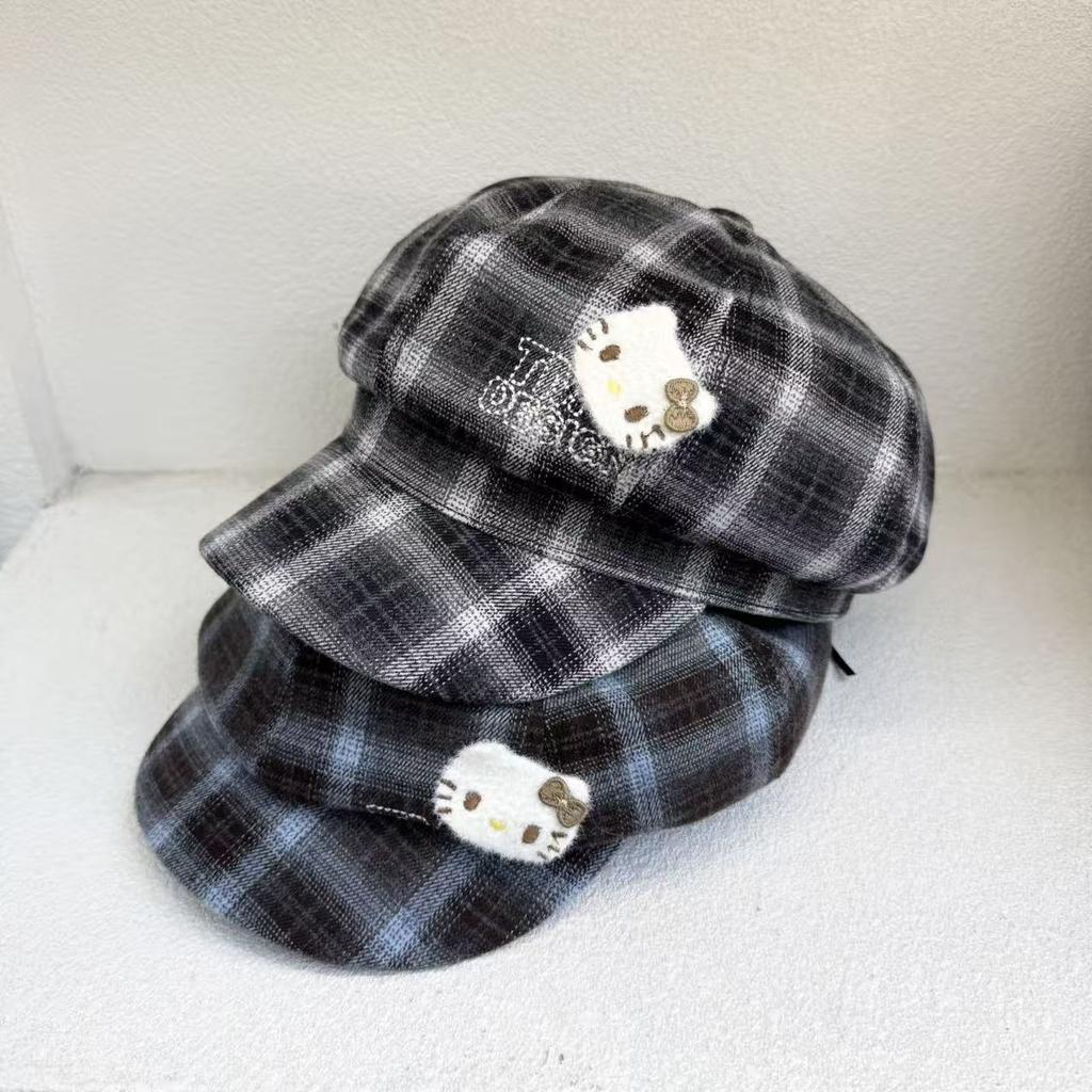 Autumn and Winter Versatile Face Small Plush Embroidered Newsboy Hat Retro Plaid Kitty Cat Adult Octagonal Beret