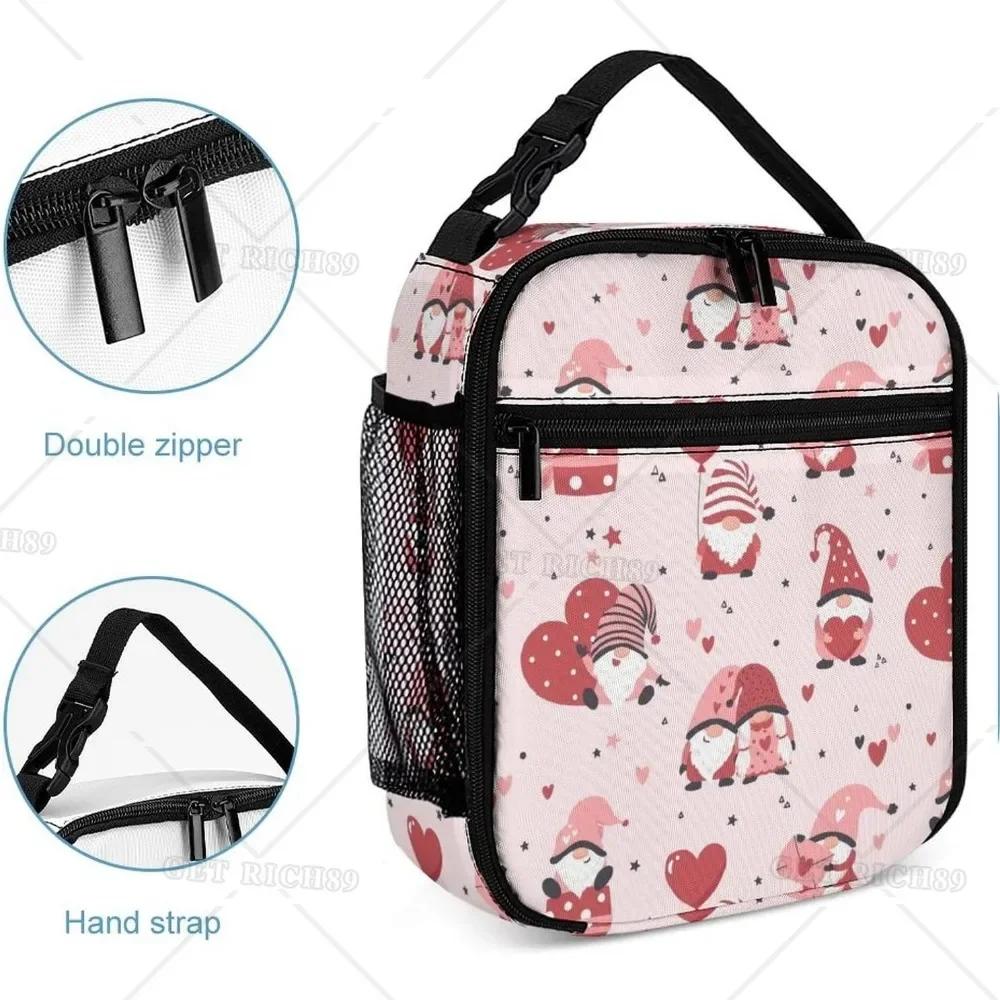 Cute Gnomes Hearts  Reusable Portable Lunch Bag for Men Women, Valentine's Day Theme Insulated Bags for Office Work Trip