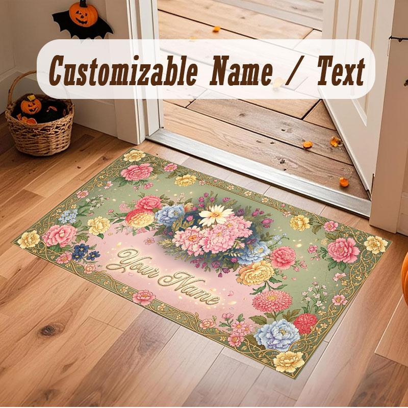 Floral Garden Theme Crystal Velvet Floor Rug Personalized Custom Name Text Warm Carpet Home Decoration