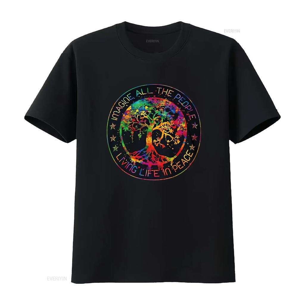Mens All The People Imagine Living Life In Peace Hippie Tie Dye T Shirt White Small Vintage Washed Slightly Homme Unisex
