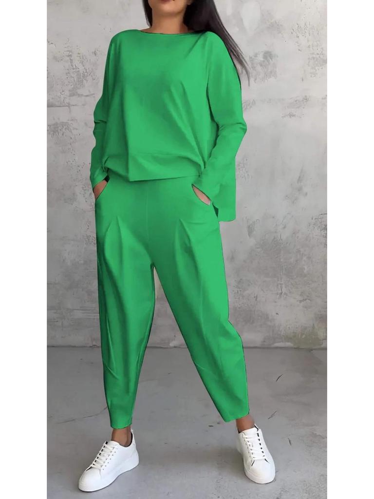 2025 European & American Women's Solid Color Casual Round Neck Long Sleeve Two-Piece Set