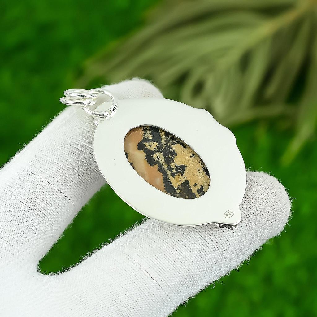 Natural Honey Dendrite Opal Gemstone Pendant Brown 925 Sterling Silver Jewelry