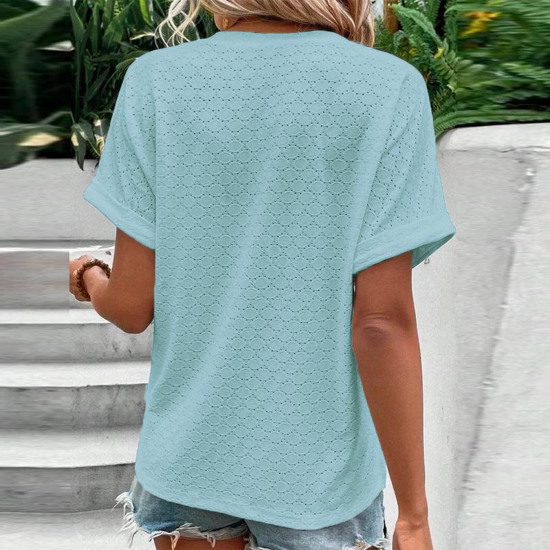 2025 Spring/Summer Women's Fashion Casual Solid Color V-neck Button T-shirt