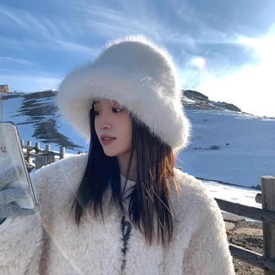 Imitation Rabbit Hair Hat Female Winter Plush Fisherman Hat White Basin Cap Warm Fur Ear Protection Lei Feng Hat