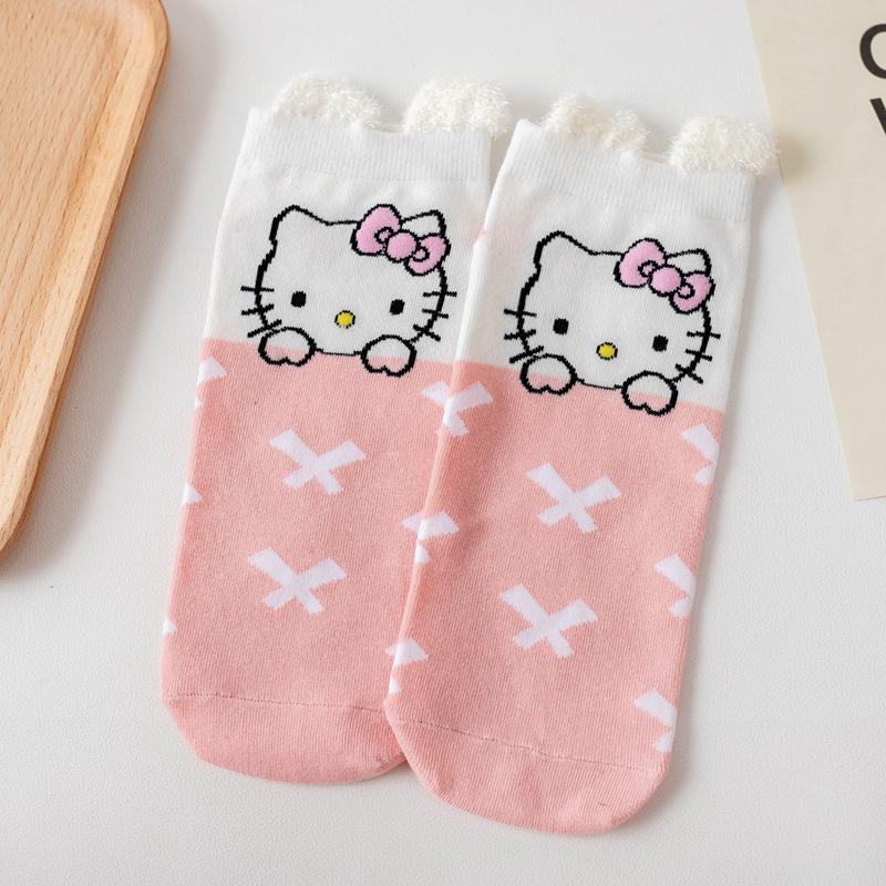 Women's Blue Fat Cat Cartoon Socks – Cute 3D Ears, Feather Yarn, All Cotton, Low-Cut Boat Style