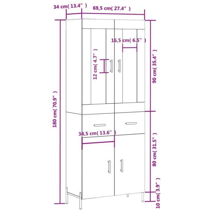 VidaXL Buffet haut Chêne fumé 69,5x34x180 cm Bois d'ingénierie 3199886