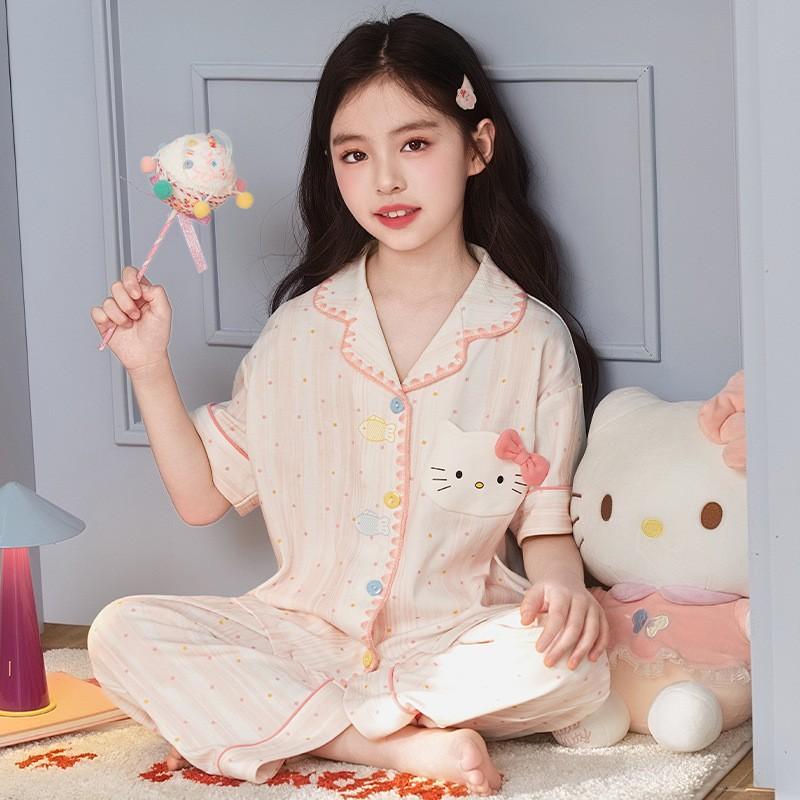 Kids Cotton Pajama Set Short Sleeve Long Pants Cartoon Print Sleepwear Boys Girls Ages 8