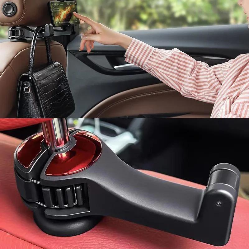 Car Hook Hidden Multi-functional 2 In 1 Multifunctional Rear Headrest Hook Car Rear Phone Holder Lock Type Mobile Phone Holder