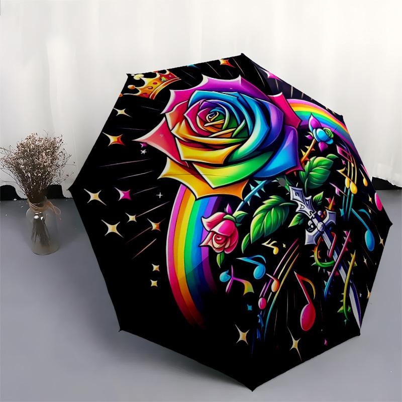 1pc Rainbow Rose with Crown and Music Notes Umbrella with Plastic Handle,Suitable for All Seasons Home Travel Outdoor UmbrellaDD1796