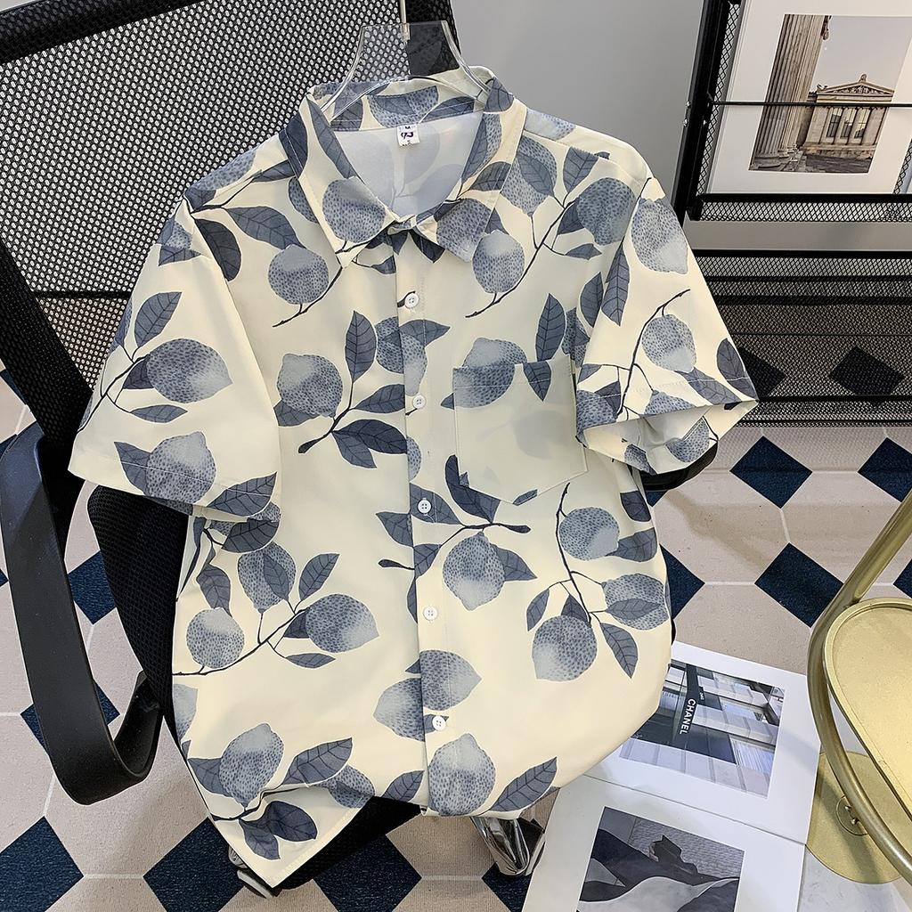 Hawaiian Full Printed Short-Sleeved Floral Shirt Men's Summer Thin Vacation Style Ice Silk Cool Half-Sleeved Loose Shirt