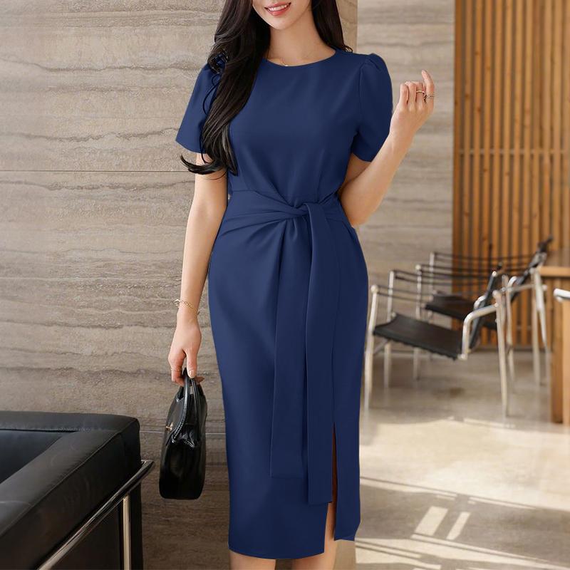 

ZANZEA Женское повседневное платье-футляр с круглым вырезом и коротким рукавом на лето S тёмно-синий