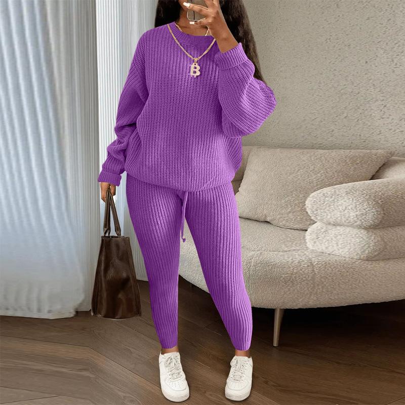 Women's Spring Set Fashion Casual Knitted Set Pants Set 2026 Latest Commuting Solid Color Nylon Waitband Long Slept Pants Set