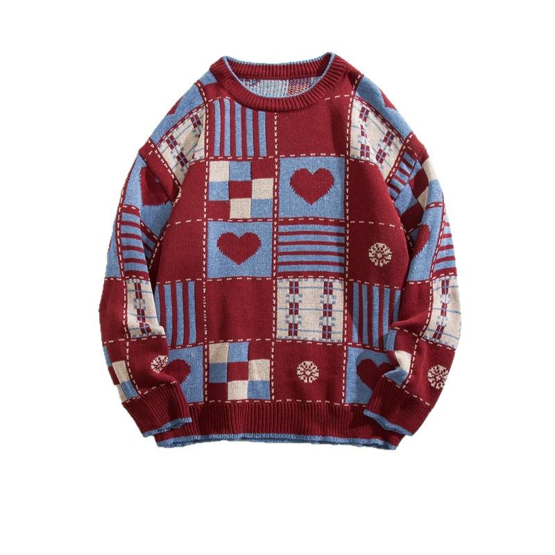 American Retro Plaid Heart Sweater - Red Autumn/Winter Knitwear for Couples