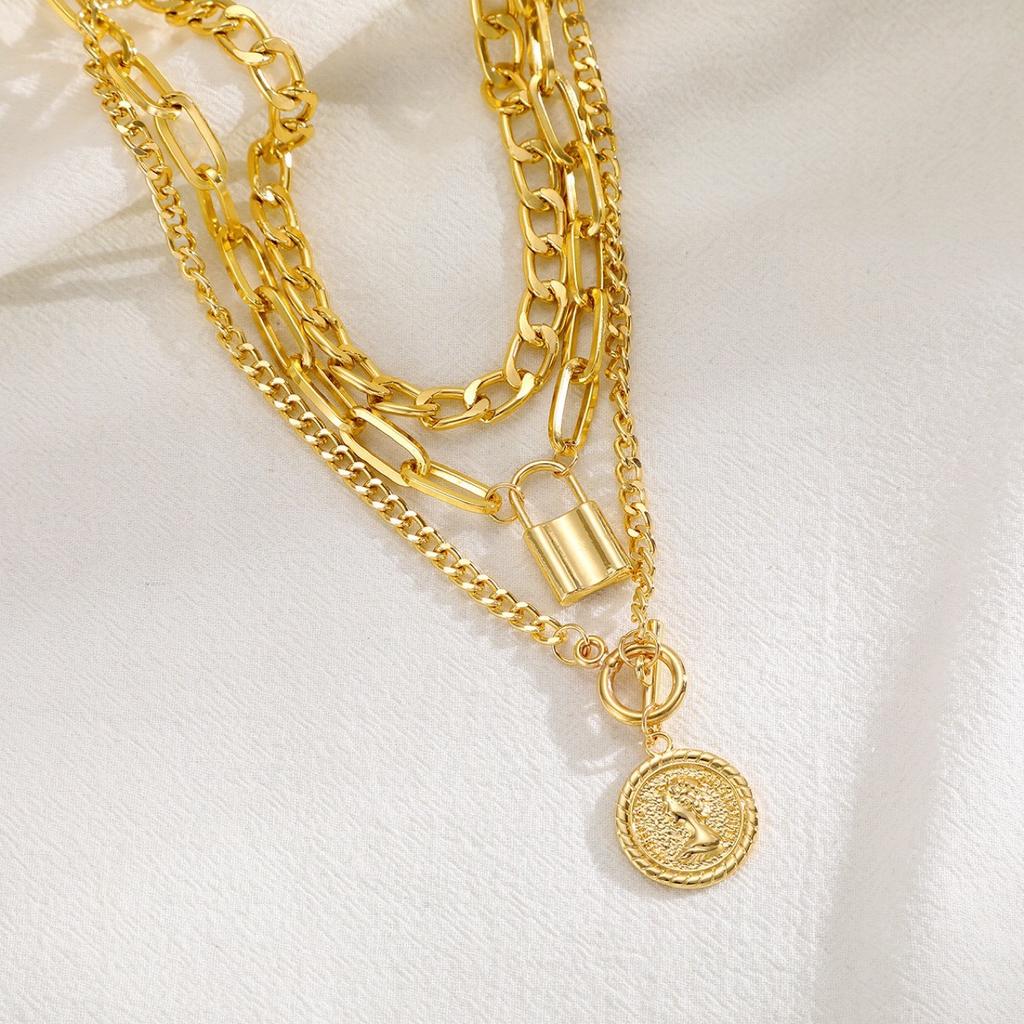 Elegant Three Layer Necklace Set Women Gold Color Relief Pendant Fashion Jewelry