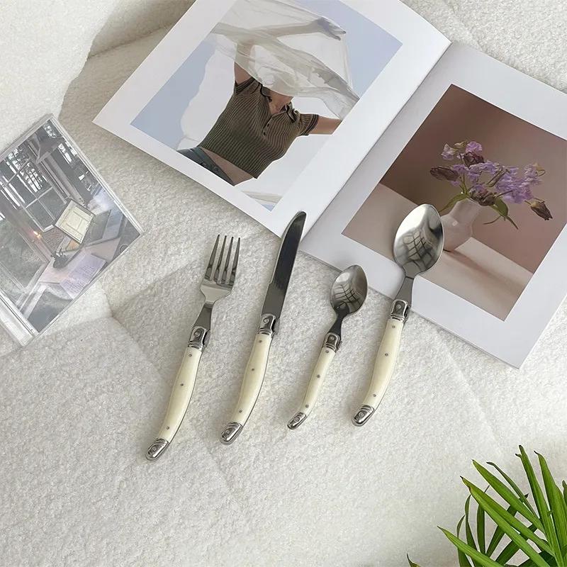 6/24pcs Laguiole Table Flatware Set Off-white Steak Knives Forks Spoons Set Pretty Stainless Steel Cutlery
