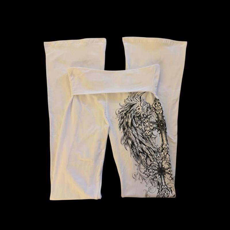 Y2K Gothic Cross Print Flared Pants Women Streetwear Casual Yoga Trousers