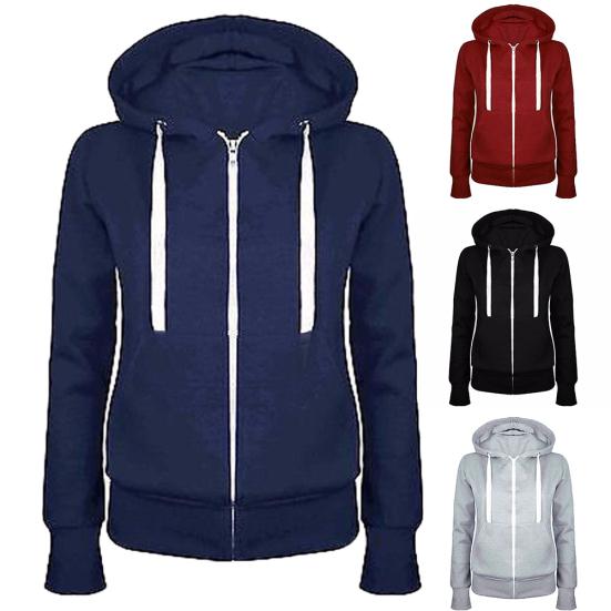 Fashion Lady Solid Color Long Sleeve Hooded Pocket Zip Up Casual Coat Sweatshirt