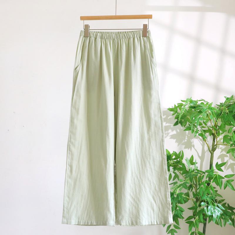Women's Pure Cotton Gauze Pajama Set - Spring/Summer, Long Sleeve, Nine-Point Pants, Loose Fit, Japanese Style, Solid Color.