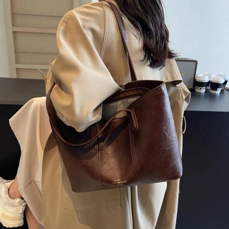 Trendy Soft Faux Leather Large Capacity Tote Bag with Brown Trim Minimalist Design Underarm Bag Spacious Work Shoulder Bag