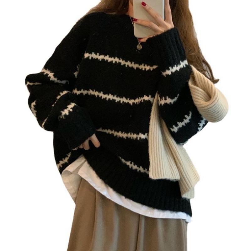Simple Striped Knitted Sweater Women's Autumn and Winter Crew Neck Loose Sweater Jacket Top Trendy Casual Versatile
