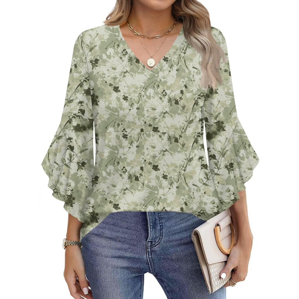 Blouses For Women Dressy Casual 3/4 Length Sleeve Womens Tops V Neck Tshirts Shirts With Flared Sleeve