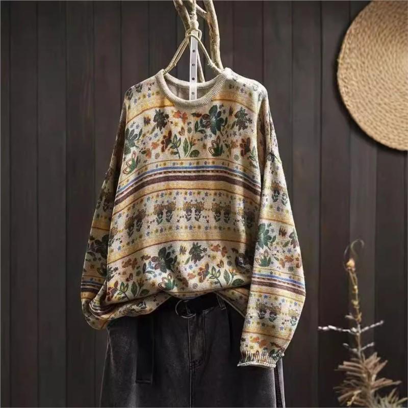 Johnature Woman Autumn Niche Vintage O-Neck Casual Loose Retro Sweater Chinese Style Long Sleeves Print Sweater