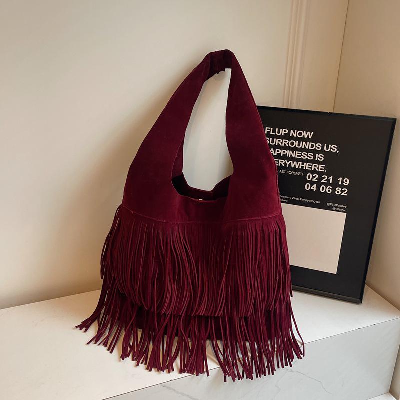 

Винтажная сумка-тоут из замши оленьей кожи с кисточками - Женская сумка через плечо большой вместимости, коллекция 2025 One Size бордовый